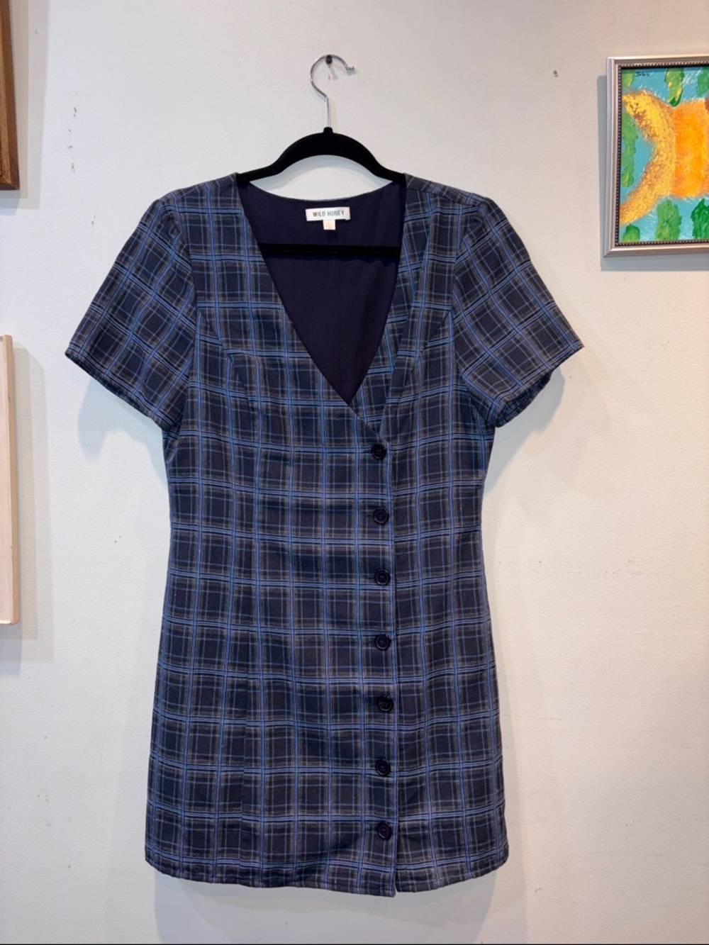 Wild Honey Navy and Light Blue Plaid Button-Front Mini Dress